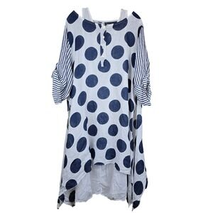 M Made in Italy Lagenlook Dress Blue White Polka Dot Stripe Mixed Media M